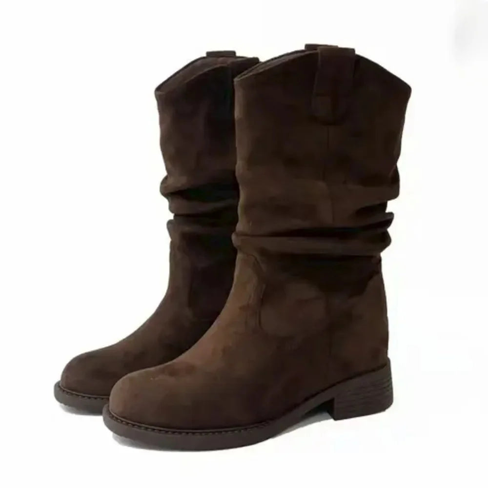 Bottes de chevalier de Cowboy occidentales pour femmes, nouveau Style, mi-mollet, doublure en caoutchouc et coton, au-dessus du genou, automne hiver