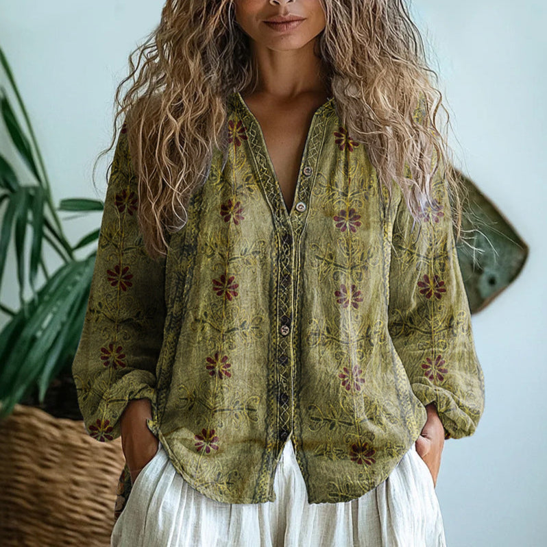 Ambre | Vintage Bluse Med Bladprint
