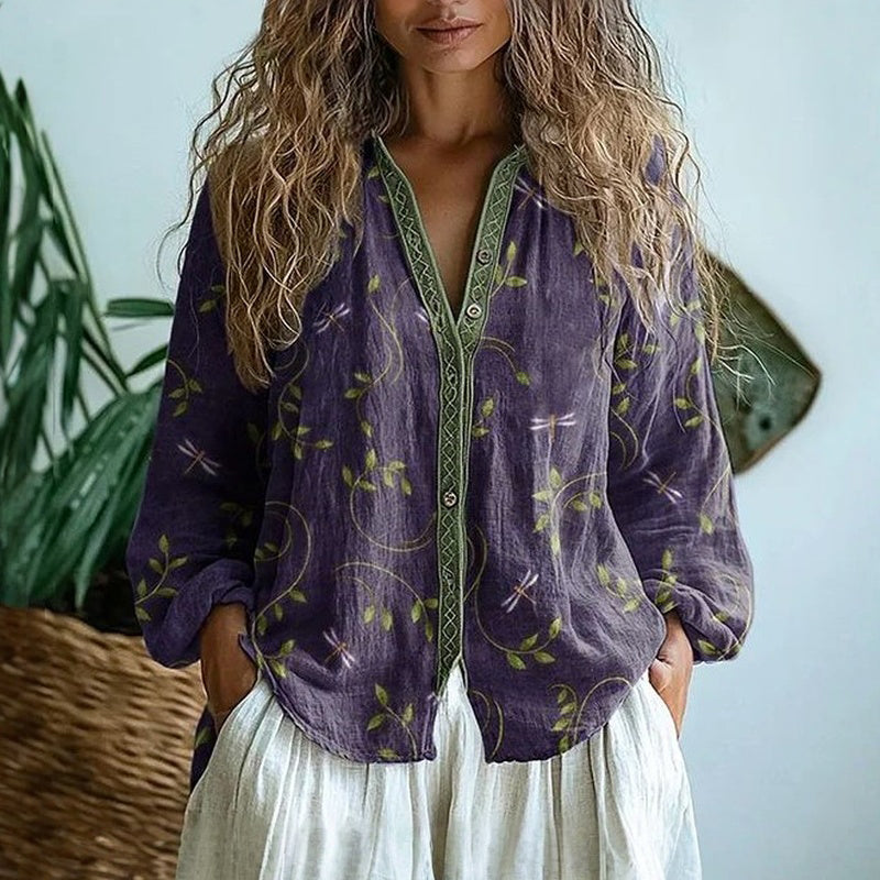 Ambre | Vintage Bluse Med Bladprint
